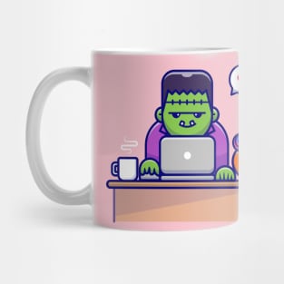 Cute Frankenstein Working On Laptop With Candy And  Coffee Cartoon Mug